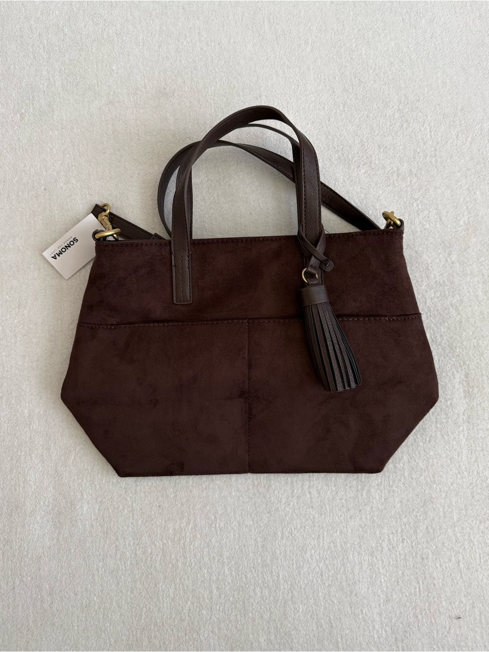 Brown Faux Suede Mini Tote Bag Crossbody Tassel Boho Casual NWT Sonoma - Picture 2 of 6